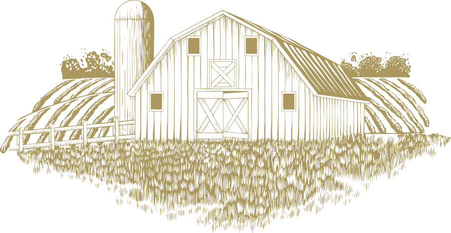 a drawing of a barn in a field