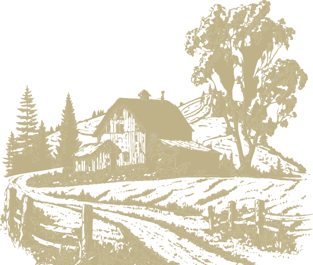 a drawing of a farm with a barn and trees