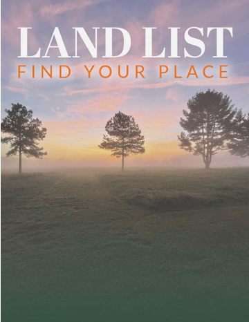 a field with trees in the distance and the words land list find your place
