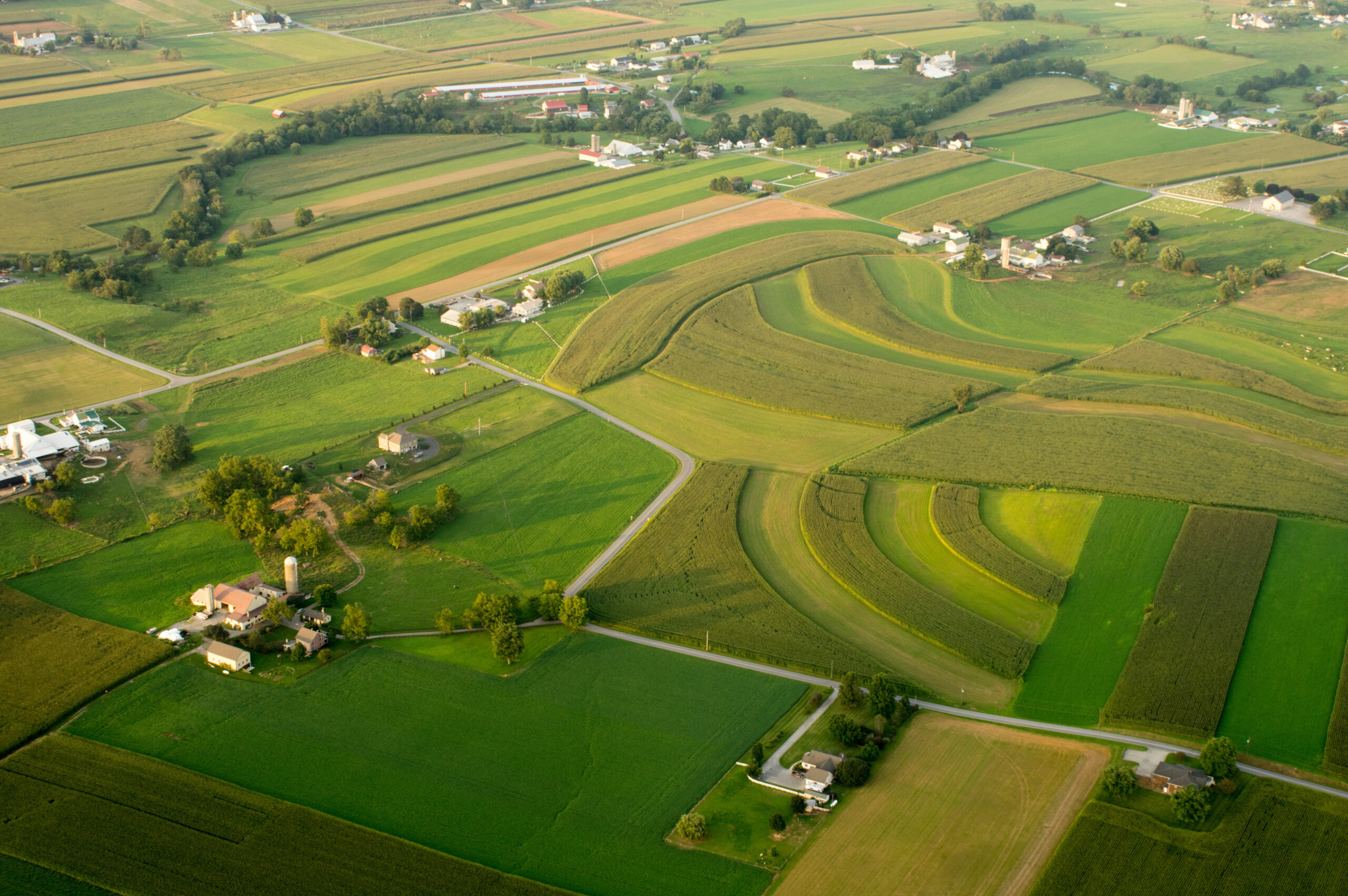 an aerial view of a green field with houses