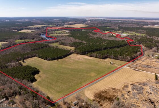 an aerial view of a large field with a red line on it