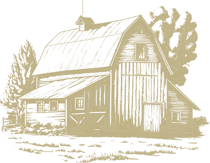 a black and yellow drawing of a barn