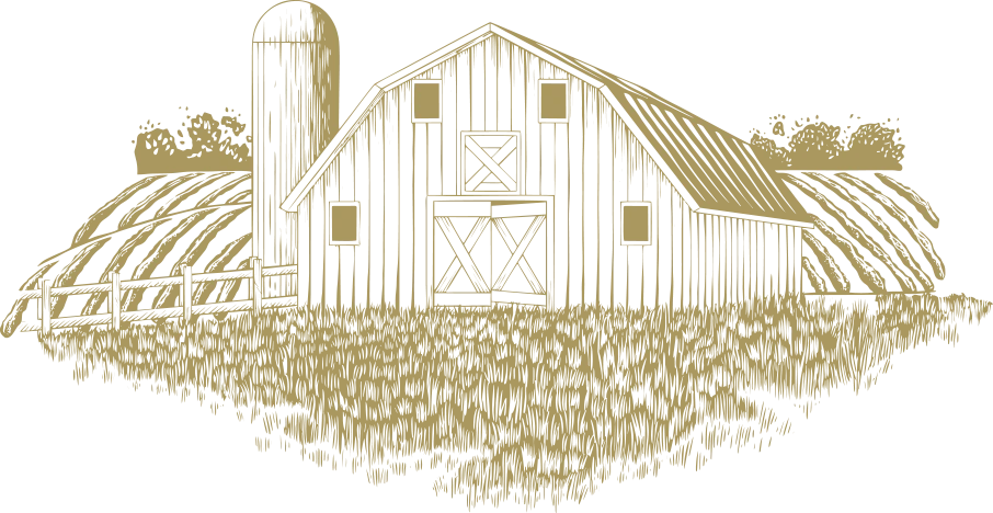 a drawing of a barn in a field