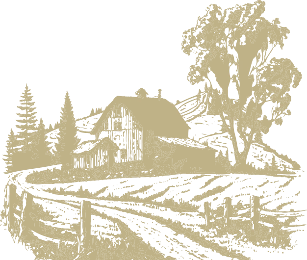a drawing of a farm with a barn and trees